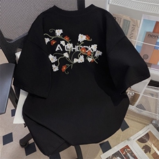 国潮花卉刺绣短袖T恤男款cleanfit夏季新款潮牌情侣小领口半截袖，男装T恤，电商A486