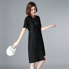 条纹短袖时尚休闲优雅2021年夏季中长款可收束腰连衣裙女，女装连衣裙，涵誉