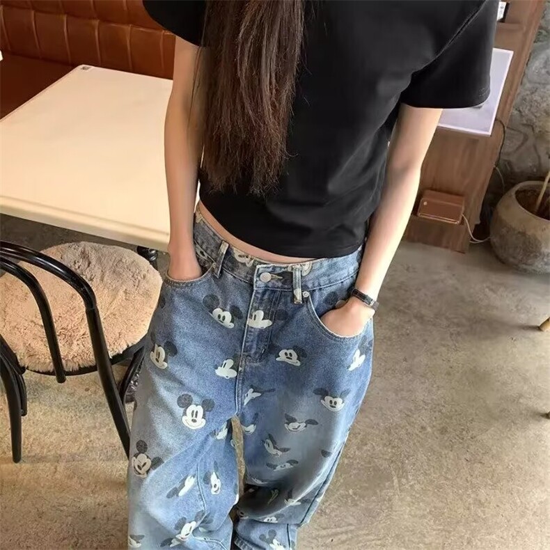 米奇印花设计感高腰牛仔裤女2025秋季新款垂感显瘦拖地裤NZA115,男装牛仔裤,星座516A