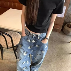 米奇印花设计感高腰牛仔裤女2025秋季新款垂感显瘦拖地裤NZA115，男装牛仔裤，星座516A