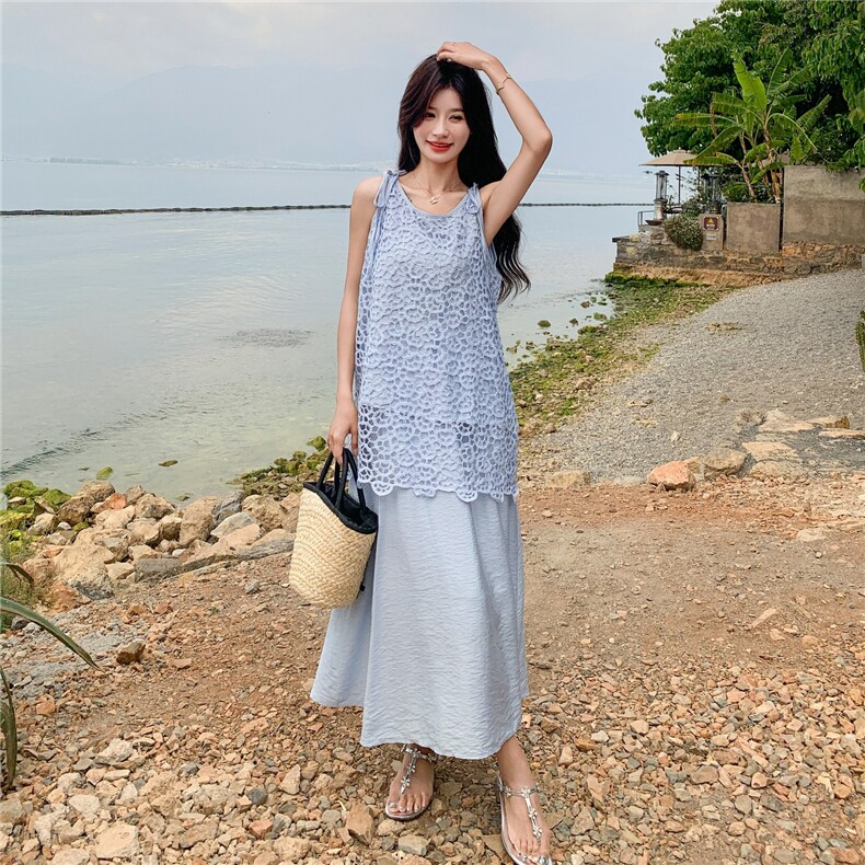 蓝色度假风镂空罩衫套装裙女2025夏季新款超好看吊带半身裙两件套,女装套装/套裙,2C133