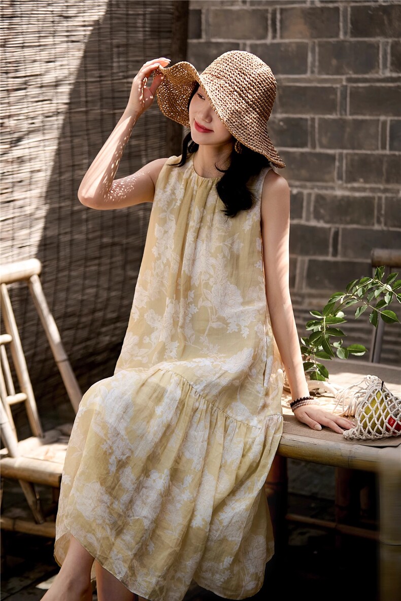 海边度假裙~茉香风浅清凉+剪纸印花无袖连衣裙25夏新款は,女装连衣裙,梦白服饰厂