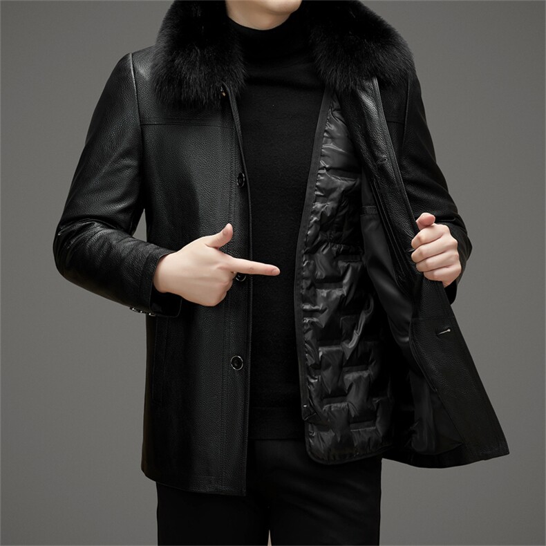MJ2325冬季狐狸毛领真皮羽绒服男牛皮外套休闲男装爸爸装,男装皮衣,电商B360