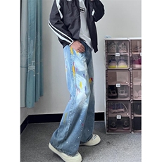 DB26-P55美式涂鸦牛仔裤男女直筒宽松阔腿休闲拖地长裤-网图现货，男装牛仔裤，星座603-2