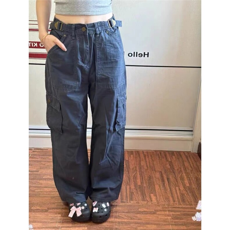 藏青色多口袋工装裤欧美hiphop炸街裤子小众设计感宽松直筒休闲裤,男装牛仔裤,星座506A
