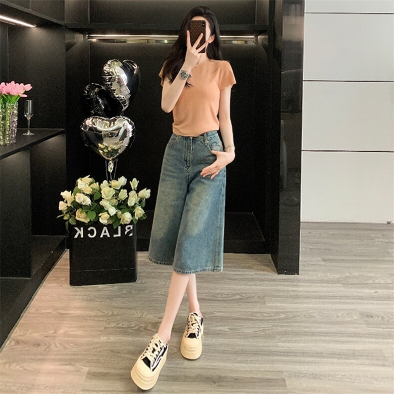 欧货休闲时尚套装女夏新款圆领后背系带镂空短袖牛仔中裤两件套潮,女装套装/套裙,江南