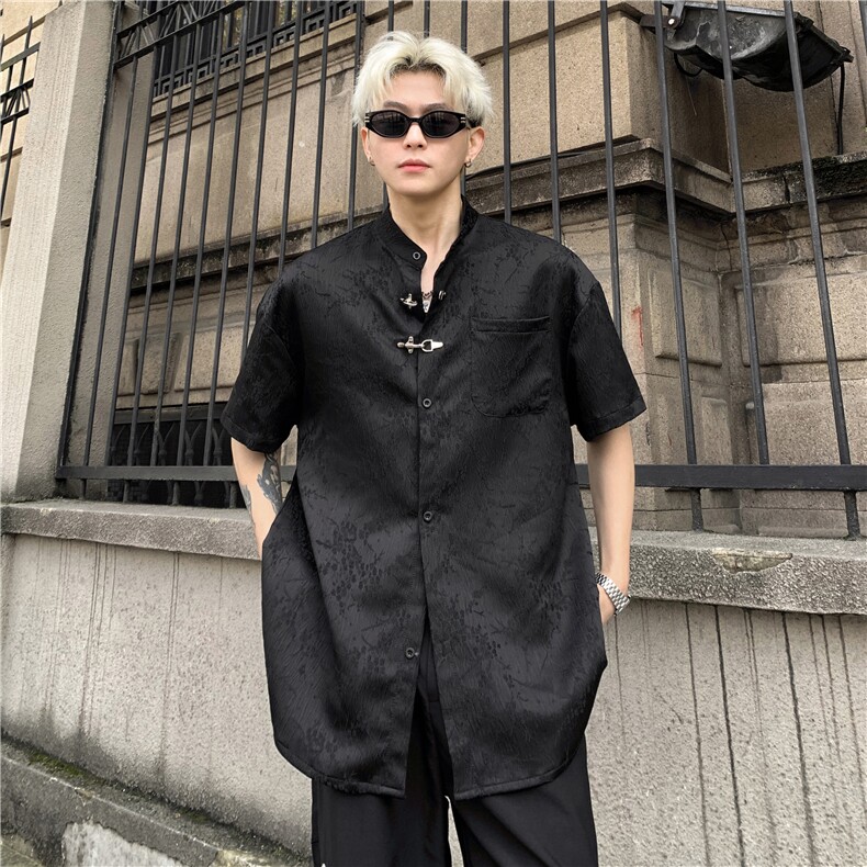 新中式提花暗纹短袖衬衫男女夏季褶皱感设计师款衬衫上衣男P48图片