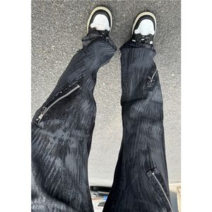 原创多拉链牛仔裤个性泼墨百搭油漆涂层做旧微喇叭裤子GJ384 P55图片