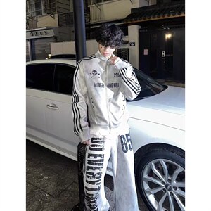 美式复古水洗喷脏做旧卫衣男女春秋季街头立领夹克外套视觉系上衣图片