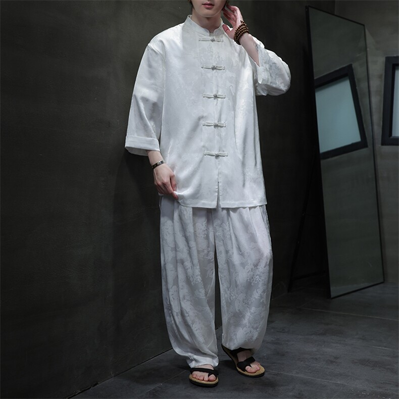 2025夏季新款风复古七分袖立领衬衫休闲长裤套装TZ100-P110,男装休闲套装,电商A008
