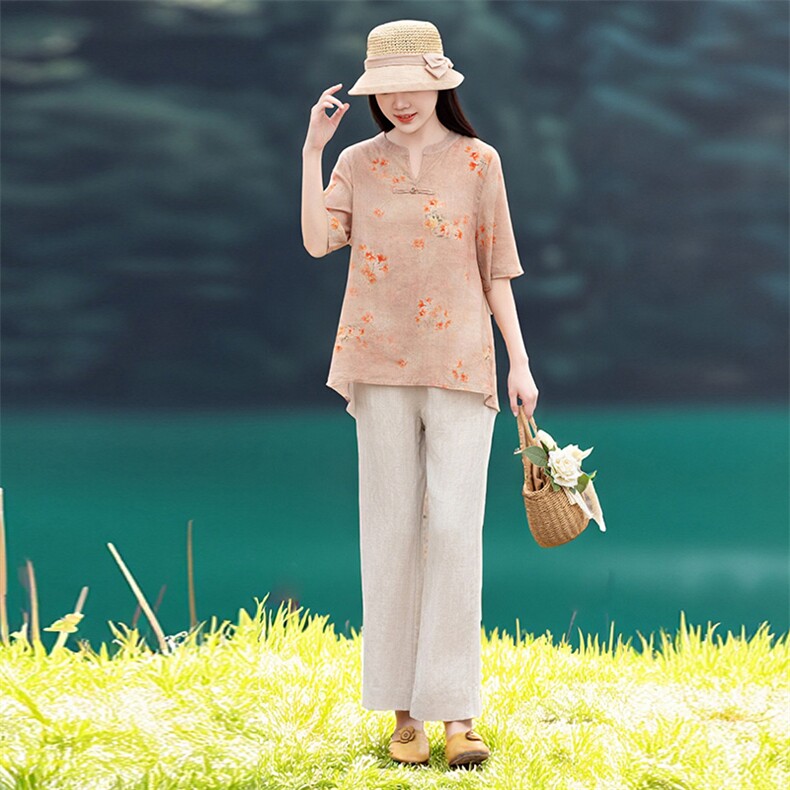 2026年夏季短袖文艺风女宽松苎麻,女装衬衫,江南依恋