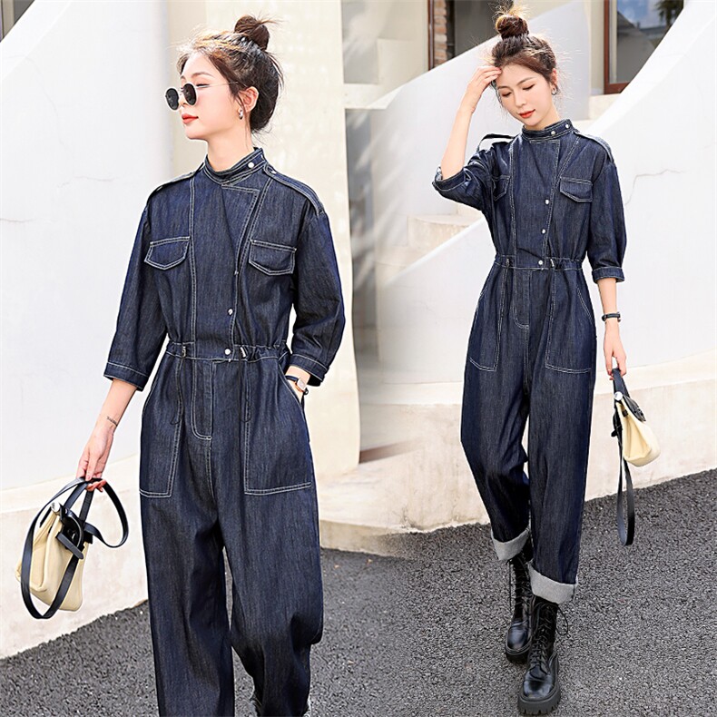 2022秋季新款简约时尚个性气质翻领抽绳收腰显瘦牛仔连体长裤，女装连体裤，瑶迪依秀