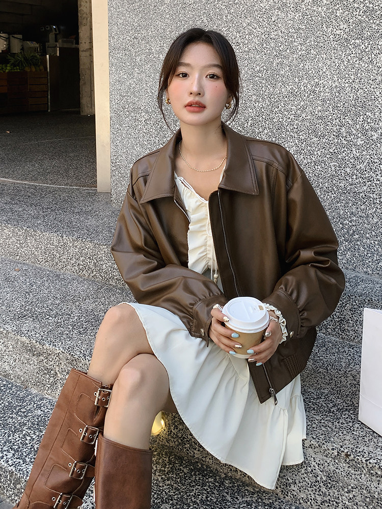 中长款街头风秋冬皮衣小个子翻领常规短款春季宽松型春秋气质时尚,女装皮衣,浙宝203