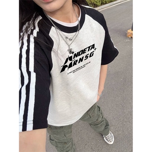抖音得物品质二开240克宽松纯棉美式潮牌插肩三杠织带短袖T恤图片