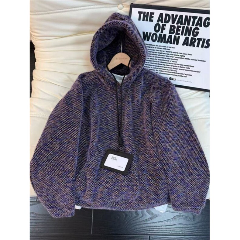 1506A/GYT190/P67紫色美式毛绒针织卫衣男冬季小众设计感重磅图片