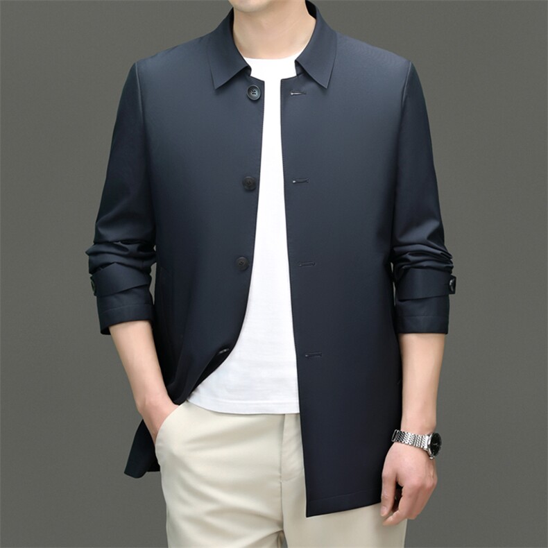 D619春秋新款男士中长款风衣翻领外套简约通勤商务男装，男装风衣，电商B360