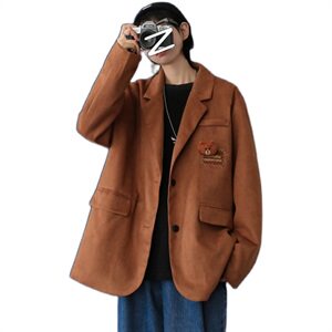 小熊胸针外套男西服秋冬刺绣麂皮绒网红炸街宽松西装mj404-p100图片
