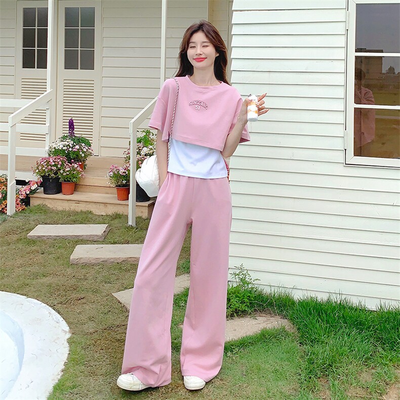韩版甜美减龄假两件T恤套装女2025夏季新款宽松显瘦阔腿裤两件套,女装套装/套裙,2C052