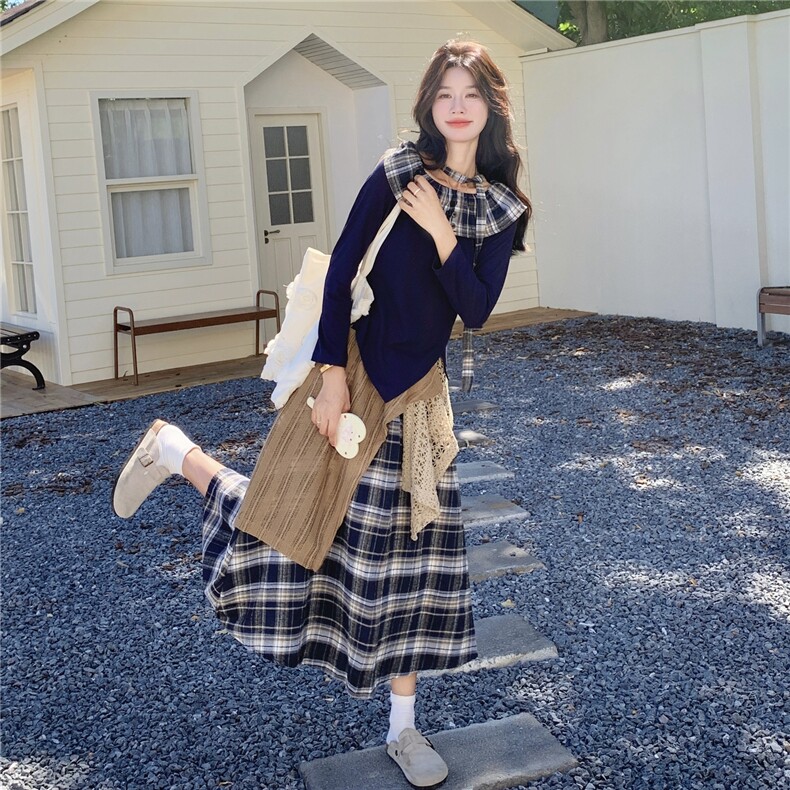 韩系chic穿搭藏蓝色上衣套装女春秋超火好看高级感格子长裙两件套，女装套装/套裙，2C133