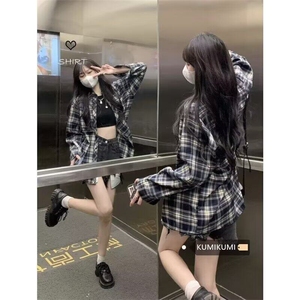 潮撞色格子衬衫男女款春秋季2025新款宽松休闲长袖百搭衬衣复古图片