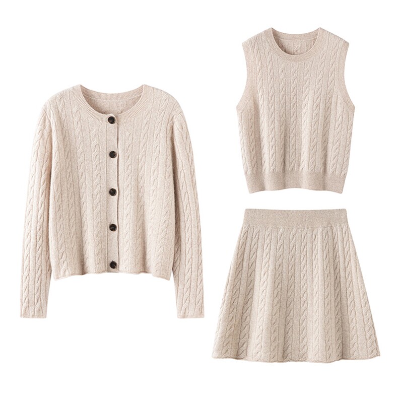 2025年秋季麻花开衫背心半身裙三件套，女装套装/套裙，珍丝贝尔