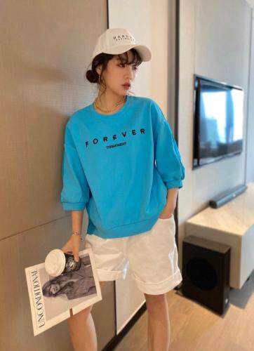 【现货】夏季新款针织防晒拼接字母刺绣印花七分袖圆领卫衣，女装卫衣/绒衫，微迪菲