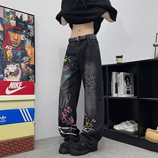 美式高街涂鸦牛仔裤男款时尚穿搭裤子设计感显瘦直筒微喇裤，男装牛仔裤，星座410-6（原星座1304-1）