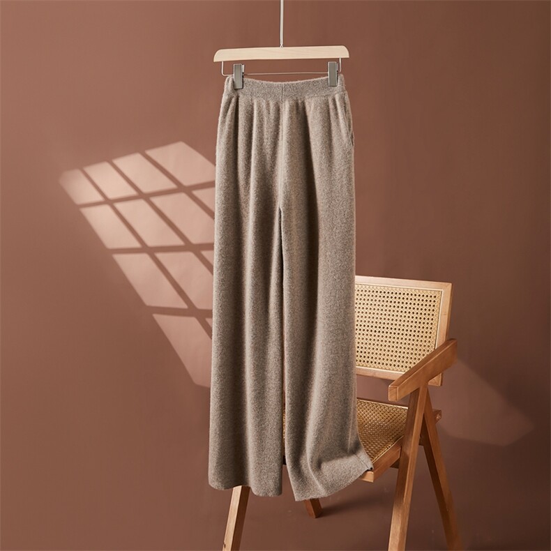 秋冬新款高腰垂感阔腿裤女宽松直筒休闲针织裤子羊绒，女装休闲裤，朵沐纯羊绒