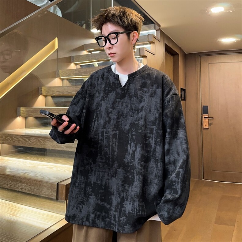 2025数据款V领长袖水墨画T恤*CK74*P25加绒30，男装T恤，星座511-1