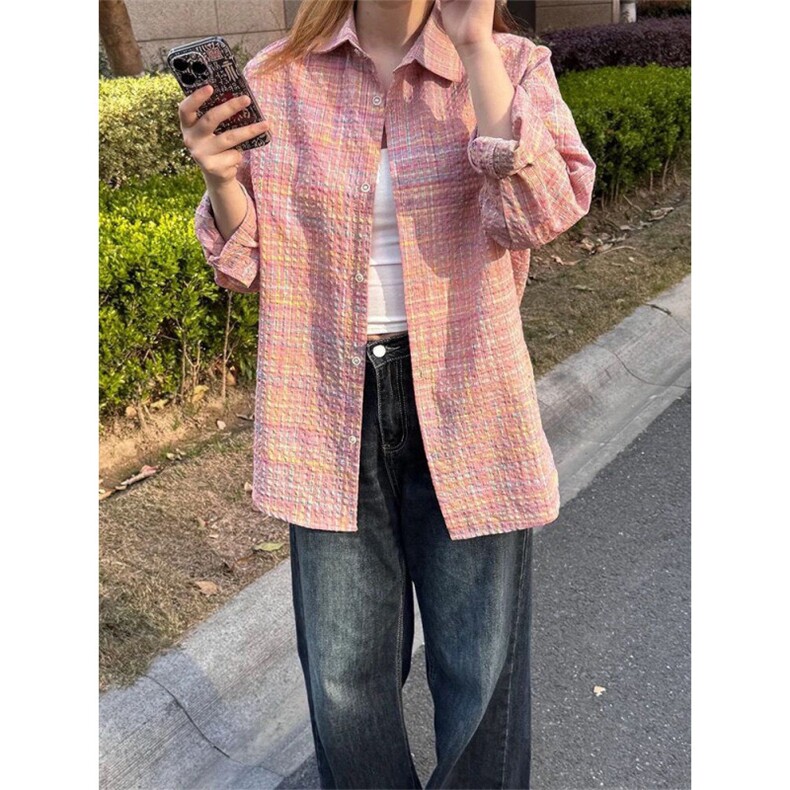 TC581-P45粉色格纹少女感衬衫春秋休闲韩系chic港味上衣图片