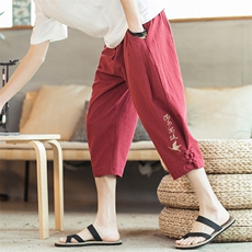 Q27P45咖啡厅风棉麻宽松时尚休闲青年绣花七分哈伦灯笼裤，男装休闲裤，电商A026