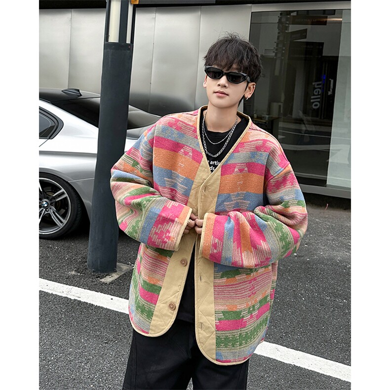 春秋复古宽松民族风撞色夹克男休闲V领纽扣彩虹外套潮JK6621-P65,男装夹克,星座302B
