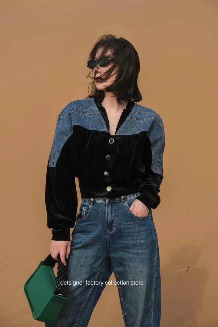 牛仔拼接金丝绒外套，其它，转角爱尚