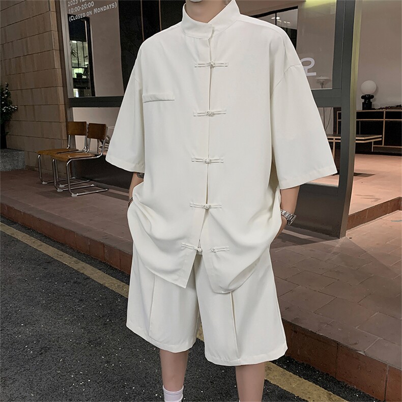 XZ2449-TP50不控价夏季冰丝中袖衬衫短裤男新中式大码休闲两件套，男装衬衫，电商A102-1