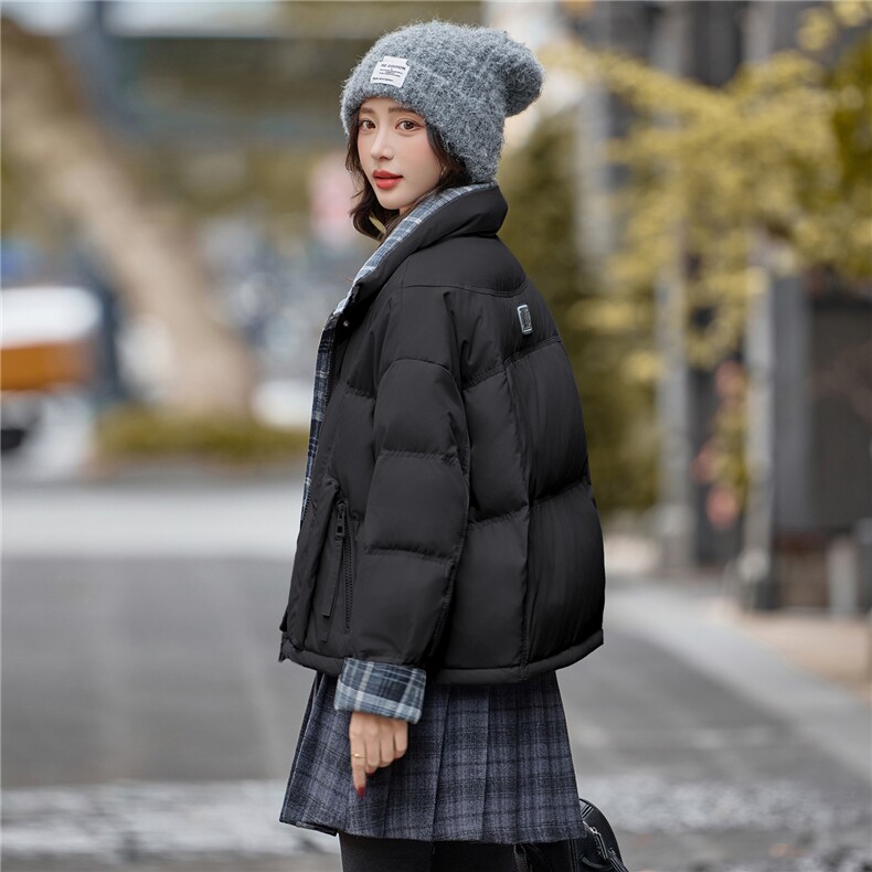 bao款现货2025冬装新款简约时尚格纹拼接立领羽绒服小个子外套,女装羽绒服,难舍钰依
