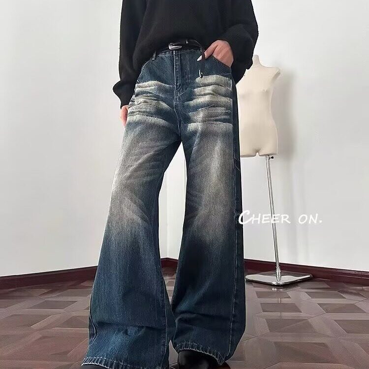 美式复古高腰微喇牛仔裤女秋冬新款高街设计感宽松显瘦阔腿拖地裤，男装牛仔裤，星座506A