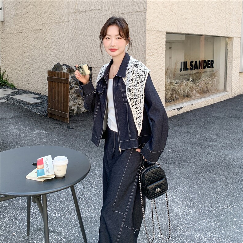 【新品】牛仔套装短外套+弯刀裤两件套带蕾丝披肩,女装套装/套裙,2B076
