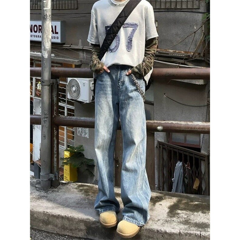 浅蓝牛仔美式复古微喇水洗牛仔裤ins潮流宽松阔腿牛仔裤NKK03P50,男装牛仔裤,电商D256A(原A064A)