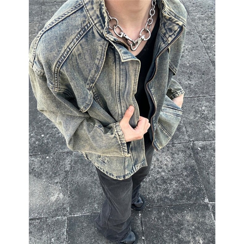 复古解构毛边水洗牛仔外套男士街头拉链立领机车夹克短款JB05,男装工装外套,星座1116A（原606A-3）