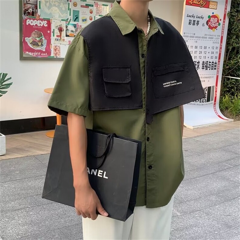 中性风假两件短袖衬衫设计小众2024年新款上衣衬衣外套~CS670-p45,男装衬衫,星座601-2
