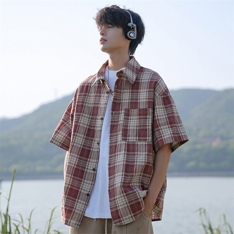 撞色格子短袖衬衫男夏季日系复古cityboy高级感潮流帅气半袖衬衣,男装衬衫,电商A001