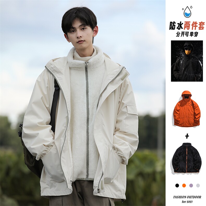 秋冬三合一连帽双层冲锋衣纯色宽松港风情侣棉袄外套MY9318-P-115图片