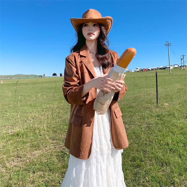 美拉德麂皮绒西装外套女2025秋季新款韩系高级感气质复古短款上衣,女装西装,2C087