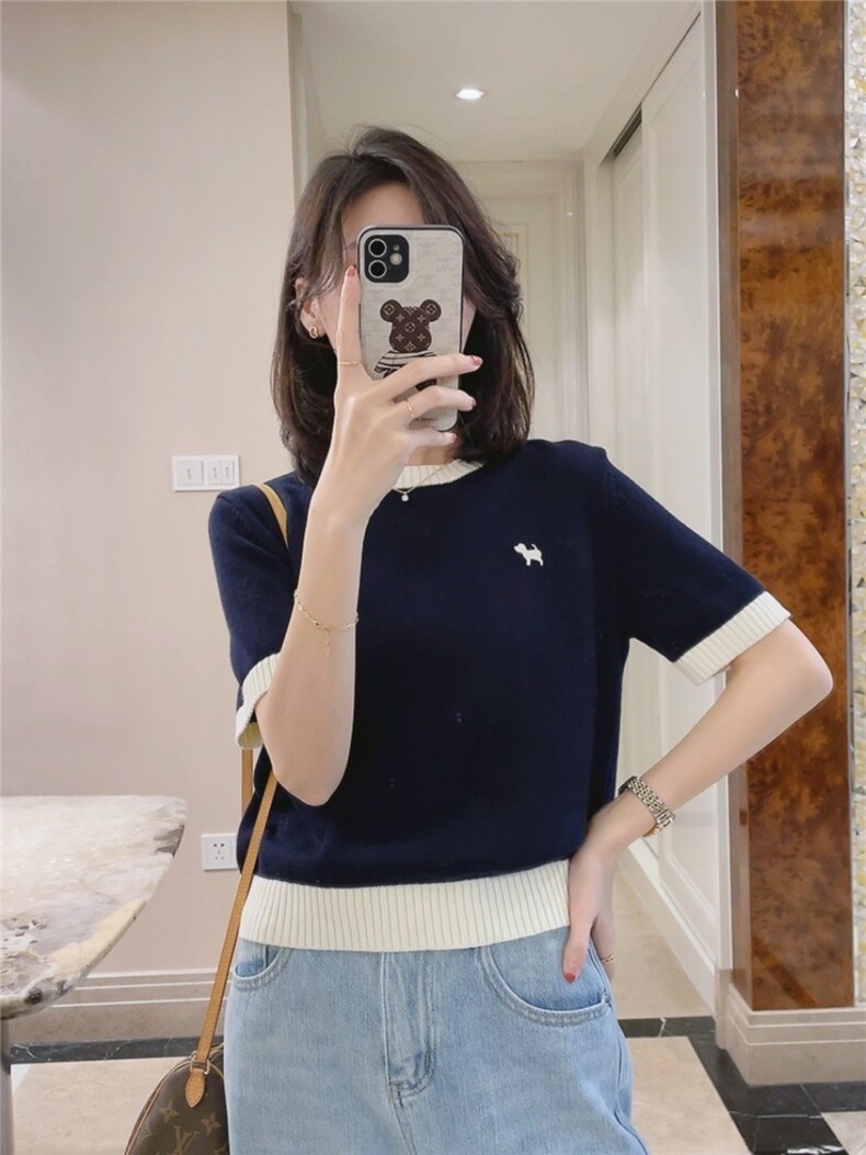 2025新款流行小个子短款针织上衣设计感小众冰丝短袖t恤女夏,女装T恤,珍珑羊绒