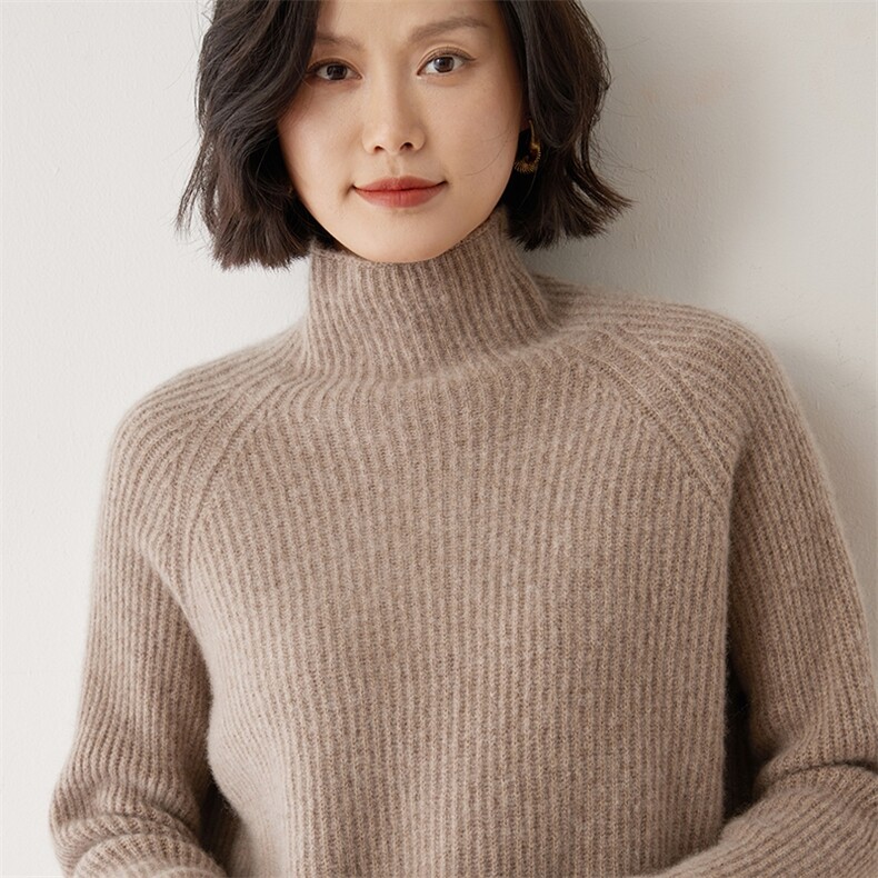 半高领毛衣女洋气秋冬季宽松纯色简约堆堆领35%羊绒衫,女装羊绒衫,雪山红莲