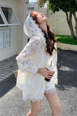 白色蕾丝花边拼接防晒衣套装女夏季2025新款小个子宽松气质两件套，女装套装/套裙，帛锦泉