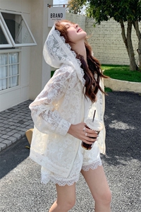白色蕾丝花边拼接防晒衣套装女夏季2025新款小个子宽松气质两件套图片