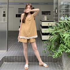 姜黄色韩系无袖V领背心短裤套装女25夏季独特漂亮气质显瘦两件套，女装套装/套裙，2C159