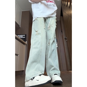 K2180～批55控78  有货（自家图）夏季松紧抽绳破洞情侣牛仔裤子图片