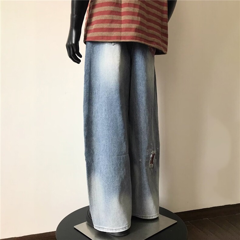 1506/QB1670/P57小众设计破洞补丁子拼接宽松阔腿微喇直筒裤子,男装休闲裤,星座1506